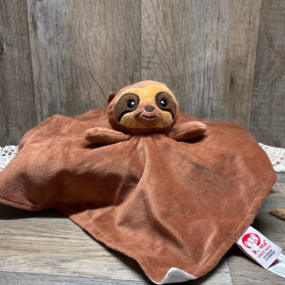 Fiesta Sloth Rattle Blanket Plush Brown Baby Blankie Lovey Satin Feel Back